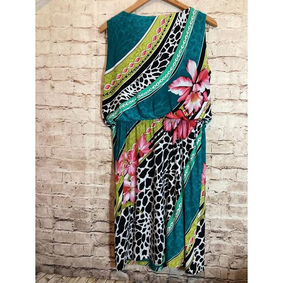 Laudrew Dress Womens 10 Turquoise Mixed Print Tropical Cowl Neck Midi Stretch - Picture 12 of 14